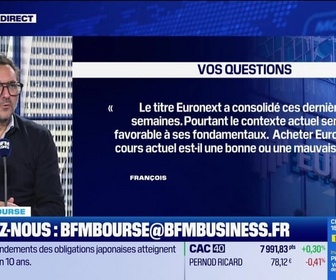 Replay BFM Bourse - Culture Bourse : Euronext a consolidé ces dernières semaines. Pourtant le contexte actuel semble favorable à ses fondamentaux. Acheter ce titre au cours actuel est-il une bonne ou une mauvaise idée ? , par Julie Cohen-Heurton - 19/11