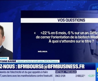 Replay BFM Bourse - Culture Bourse : + 22% en 6 mois, - 5% sur un an. Difficile de cerner l'orientation de la biotech Medincell. À quoi s'attendre sur le titre ?, par Julie Cohen-Heurton - 02/09