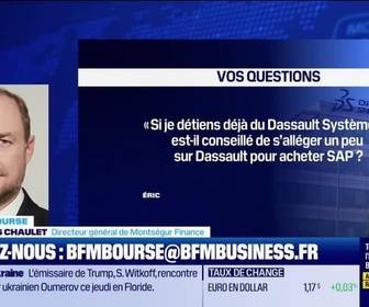 Replay BFM Bourse - Culture Bourse : Si je détiens déjà du Dassault Systèmes, est-il conseillé de s'alléger un peu sur Dassault pour acheter SAP ? Ces 2 sociétés sont concurrentes mais SAP est peut-être plus diversifiée que Dassault… , par Julie Cohen-Heurton -